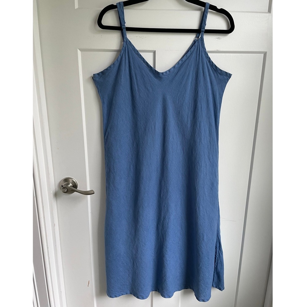 FLAX Linen Adjustable Slip Dress Blue Periwinkle V-Neck Pocket Lagenlook L